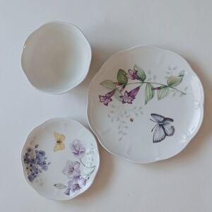 Lenox Butterfly Meadow Lavender 3-pcs 9" Luncheon Plate 6.5" plate 5.5" Bowl